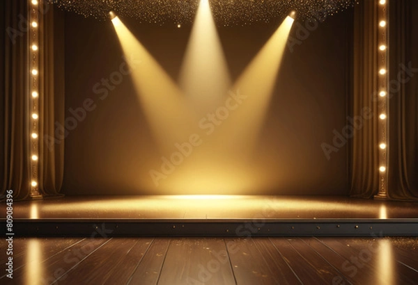 Fototapeta Golden podium with light and particles. Stage with gold spotlight on stage. Empty space