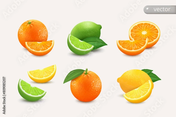 Fototapeta Set of citrus lemon, lime, orange - whole, cut half and slices on white background. Realistic 3d vector isolated