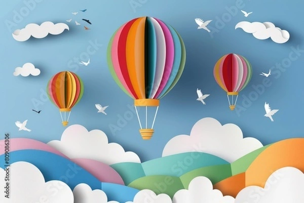 Fototapeta Blue sky with white clouds and colorful hot air balloons paper cut style background