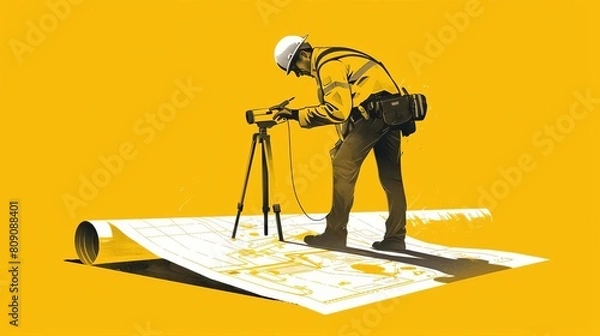 Fototapeta Illustrate a scene where a quantity surveyor is examining a project with a smile a type of tool in hand