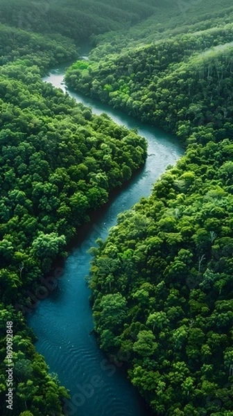 Fototapeta Lush Green Forest Ravine with Winding River in Aerial Panoramic View