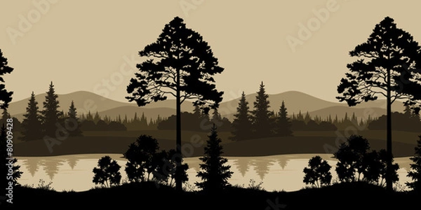 Fototapeta Seamless Landscape, Trees, River and Mountains