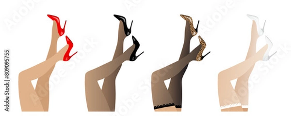 Fototapeta Beautiful sexy slender female legs in stockings and high-heeled shoes. Set of isolated vector illustrations