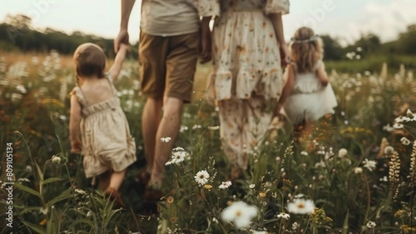 Fototapeta Professional photo of a couple walking through the summer field together with their small children