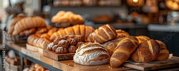 Fototapeta Inviting Artisanal Bakery Cafe with Freshly Baked Breads and Pastries on Display