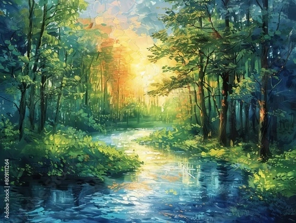 Fototapeta Craft a visual ode to Earths harmony by depicting a river serenading the forest, intertwining music expressions and environmental conservation in a serene, Impressionistic scene