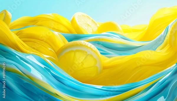 Fototapeta A lively and cheerful scene of lemon yellow and bright blue waves swirling together, creating a joyful and vibrant visual that mimics the exuberance of a sunny day.