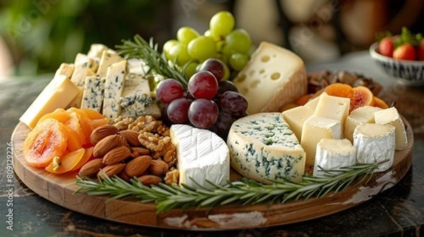 Fototapeta Artisanal Cheese Platter with Assorted Fruits and Nuts Beautifully Arranged for Gourmet Presentation and Indulgence