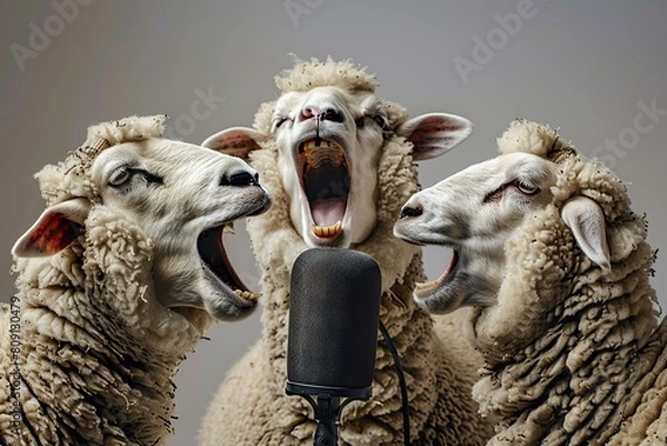 Obraz Duo of hysterical sheep laughing with recording microphone