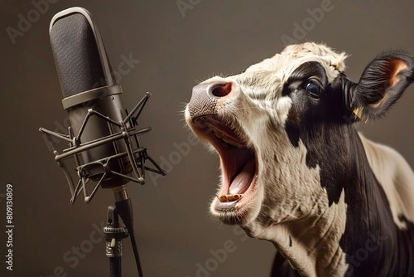 Fototapeta Close-up portraits, hysterical cow laughing with a recording microphone.