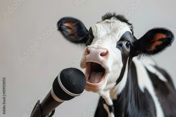 Fototapeta Close-up portraits, hysterical sheep laughing with recording microphone