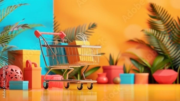Fototapeta A shopping cart and parcel boxes.