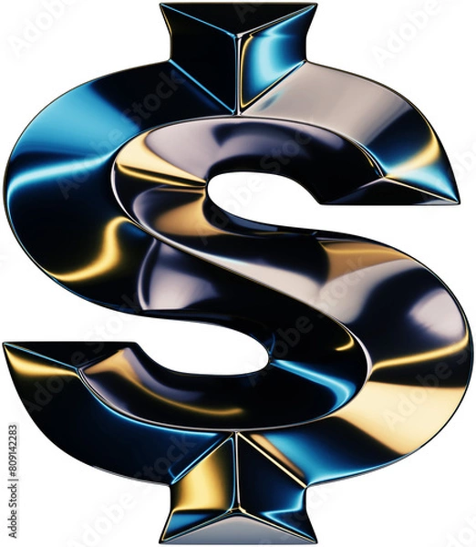 Fototapeta Caractere especial 3D. Reluzente e brilhante, com áspecto de vidro, metal, ferro, cromado, holográfico. abc, caracteres, azul, amarelo. Brilhando, cristal. Caractere $