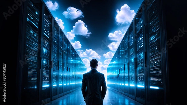 Fototapeta Unrecognizable man with folder standing in server room of large data center. Concept of computer engineering and big data in business. Toned image double exposure