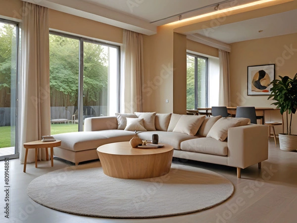 Fototapeta Beige-colored living room, featuring a beige sofa and with a window providing natural light in a cozy relaxation home.