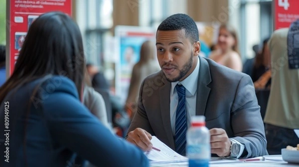 Fototapeta Young African American Businessman Conducting a Job Interview at a Busy Career Fair