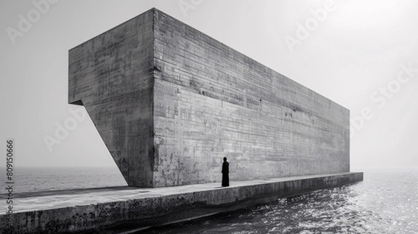 Fototapeta Surreal Architectural Artwork Monoblock Man in Black Clothing stands on a floating Extremely high and oversized superbrutalistic  white Platform above the Sea Wallpaper Digital Art Poster
