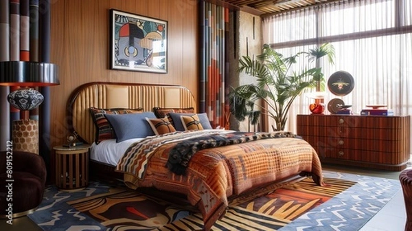 Fototapeta Generate a photo of a mid-century modern bedroom with a king-sized bed, two nightstands, a dresser, and a large area rug