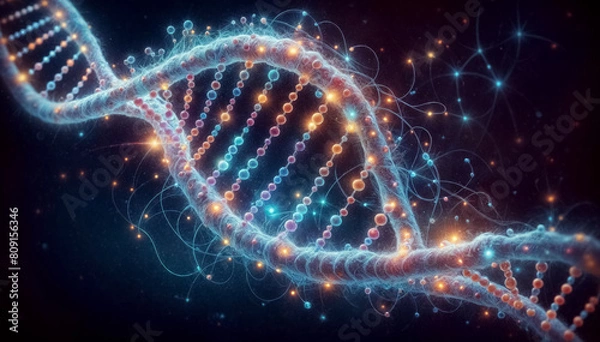 Fototapeta Image of the structure of DNA helices with elements of neural networks