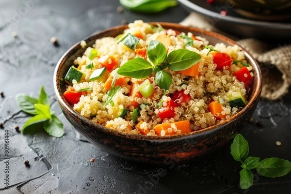 Fototapeta A bowl filled with rice and assorted vegetables sitting on a wooden table, A bowl of quinoa mixed with vegetables and herbs