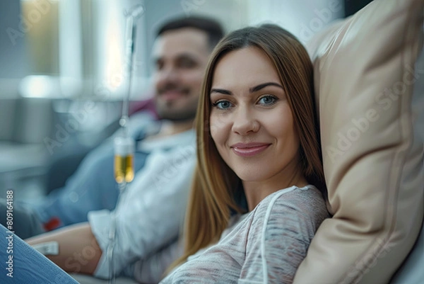 Fototapeta Maintenance and restoration of human immune system with vitamin IV infusion therapy. Beautiful woman with her boyfriend in modern wellness center during intravenous vitamin therapy
