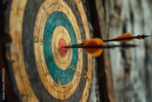 Obraz Close up of an arrow piercing the center of a target, surrounded by other arrows, A bullseye with arrows pointing towards it