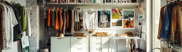 Fototapeta Fashion Stylist's Wall: Displaying fashion magazine tear sheets, style inspiration boards, and a rack with clothing samples.