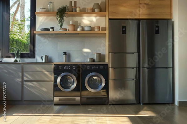 Fototapeta A kitchen with a washer and dryer and a refrigerator