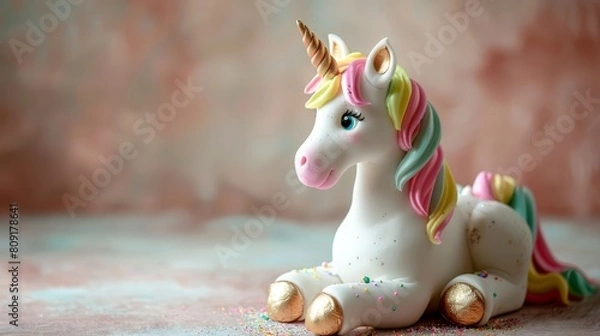 Fototapeta   A white unicorn figurine sits atop a pink surface, adorned with sprinkles on its legs