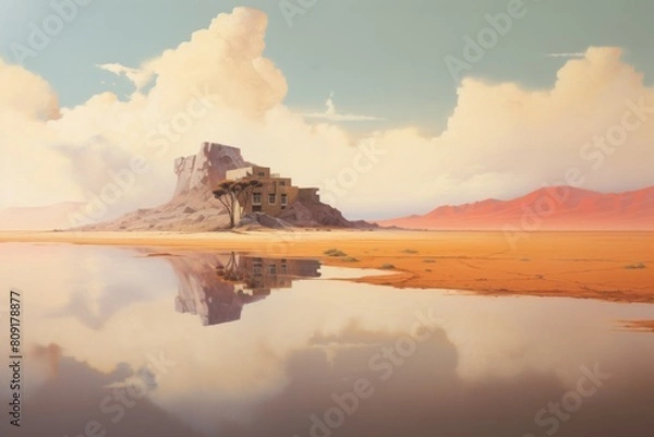 Obraz Surreal landscape of a desert oasis with a lone building and reflective water under a dreamy sky