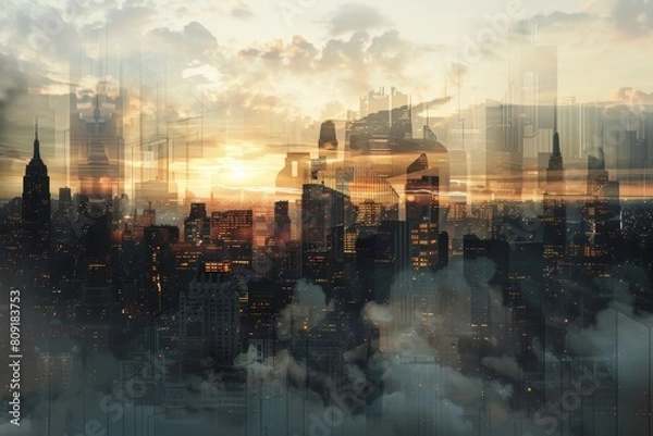 Fototapeta A city skyline obscured by layers of thick clouds, creating a dramatic and atmospheric scene, A cityscape where memories and identities can be uploaded and shared