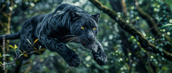 Fototapeta A black leopard with yellow eyes leaps through the air, , showcasing its powerful and agile movements, surrounded by a dense jungle setting