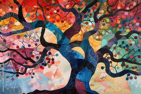 Fototapeta A painting of a tree bursting with different colors, showcasing a unique and striking interpretation of nature, A colorful abstract interpretation of a walnut tree