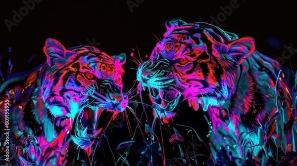 Fototapeta Colorful art or decor painting with lion muzzle. Colorful psychedelic neon painting