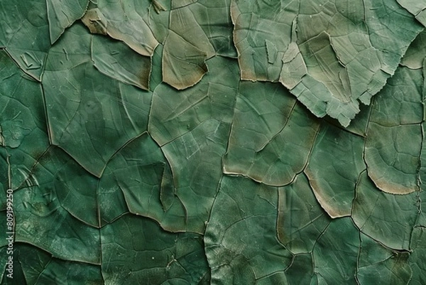 Fototapeta Textured cracked green paint on surface - High-resolution image showcasing the detailed texture of cracked green paint on an aged surface