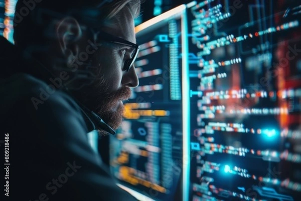 Obraz A man in glasses closely examines lines of code on a computer screen, A cybersecurity professional analyzing lines of code on a computer screen