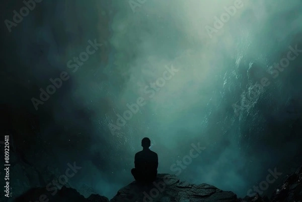 Obraz A man sits on a rock in a dark cave, surrounded by shadows and mystery, A deep, mysterious void waiting to be filled with art