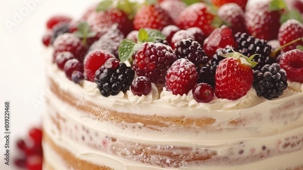 Fototapeta   A cake topped with raspberries, berries, and powdered sugar on a pristine white surface