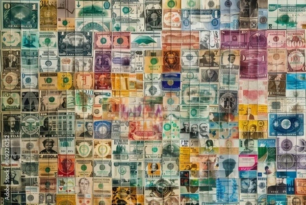 Fototapeta Assorted international currency bills creatively arranged in a digital collage, A digital collage of various currencies from around the world