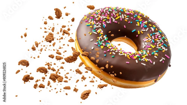 Fototapeta Chocolate And Sprinkle Covered Donut soaring through isolated on a transparent background