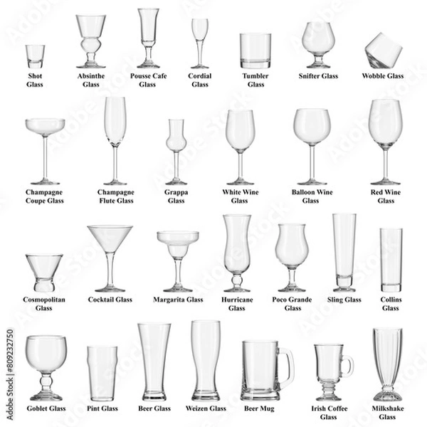 Fototapeta Set of different glasses for alcoholic and non-alcoholic drinks on isolated transparent background. Empty dishes. Bar theme. 3d rendering.