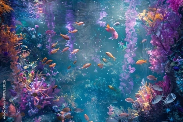 Fototapeta A large aquarium filled with vibrant, shimmering fish swimming in unison, A dreamy underwater world with shimmering fish and dancing seaweed