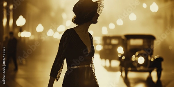 Obraz Flapper in New York concept. Old movie style profile portrait of young girl at night street of Big Apple city. Moody retro atmosphere of the beginning of XX century. Outdoor sepia shot