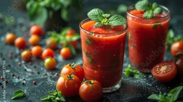 Fototapeta Fresh tomato juice with basil on dark background