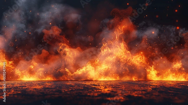 Fototapeta A fire is burning in the ocean, with smoke and sparks flying out