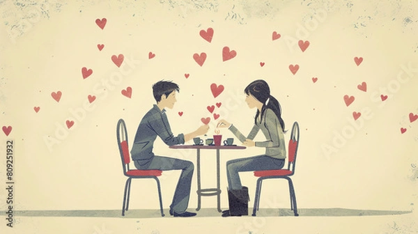 Fototapeta a couple sitting at a table with hearts flying above them