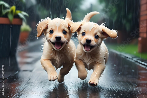 Fototapeta Two cute puppies are running excitedly on a rainy day
