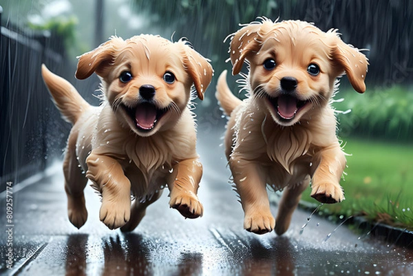 Obraz Two cute puppies are running excitedly on a rainy day