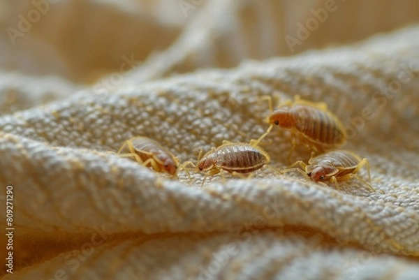 Fototapeta High detail macro photography portraying bedbugs navigating through the fibers of a textured fabric, shedding light on infestation