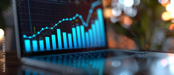 Fototapeta Working laptop with blue charts on the monitor